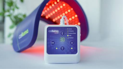 Celluma NOVA LED red light therapy device showing controller with countdown timer and 5 FDA-cleared modes: Acne mode, Wrinkles Mode, Aches/Pains Mode, Hair Mode, and Contour Mode.