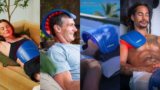 Four images showing the whole-body versatility of the Celluma NOVA LED light therapy panel that can be easily contoured to treat the scalp, face, shoulders, or any part of the body.