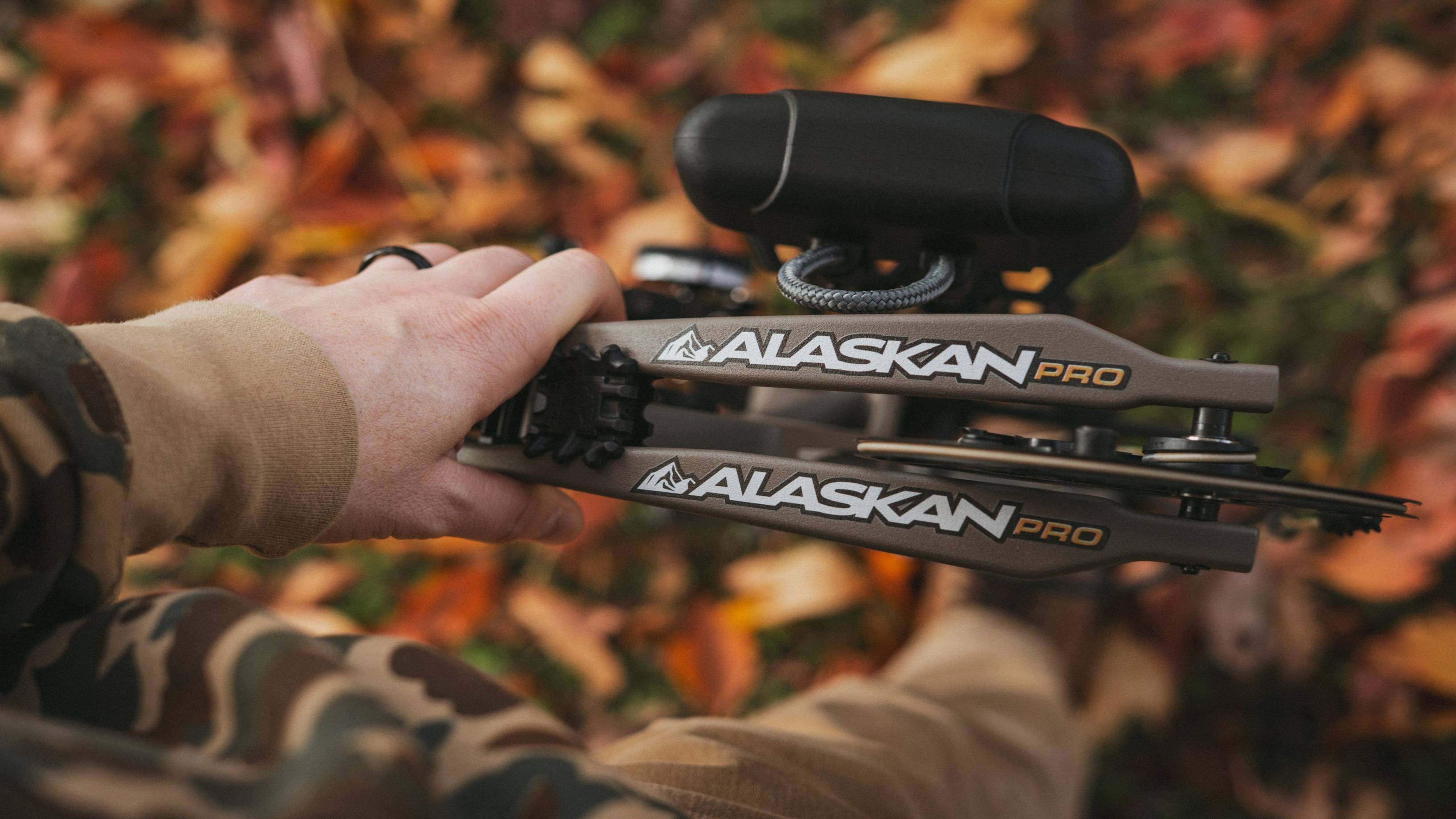 Close up image of Bear Archery Alaskan Pro compound bow limbs with a fall background.