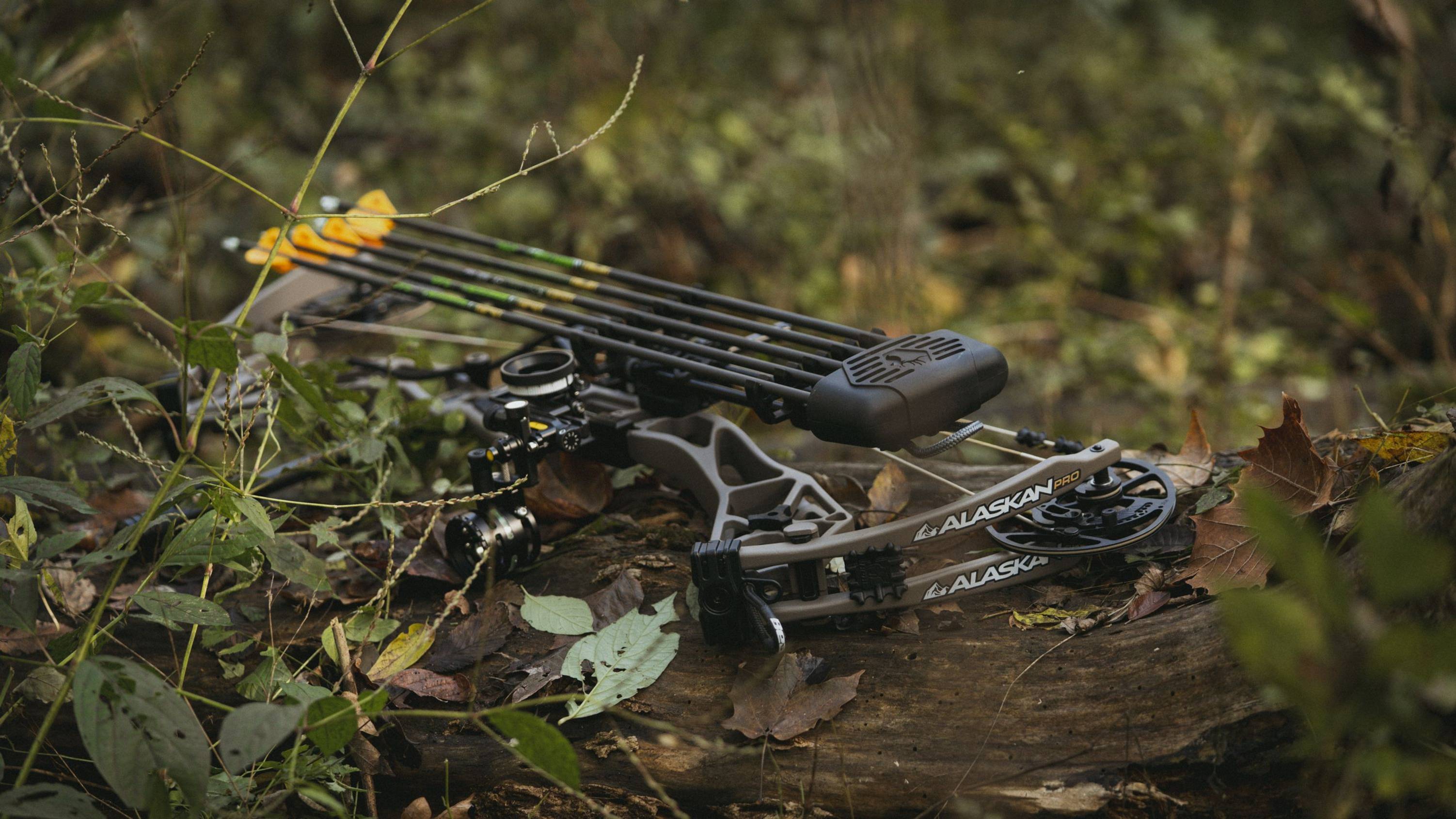 Bear Archery Alaskan Pro RTH compound bow laying on a log. 