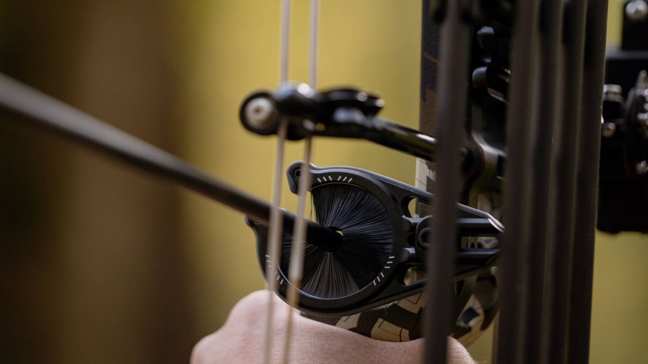 Close up of the Whisker Biscuit Pro arrow rest from Trophy Ridge on a compound bow.