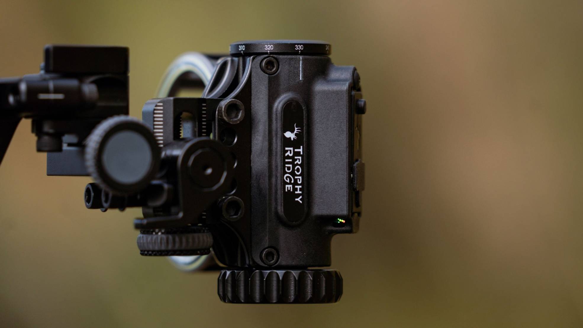 Close up of the side Trophy Ridge logo on the React 5 Max bow sight.