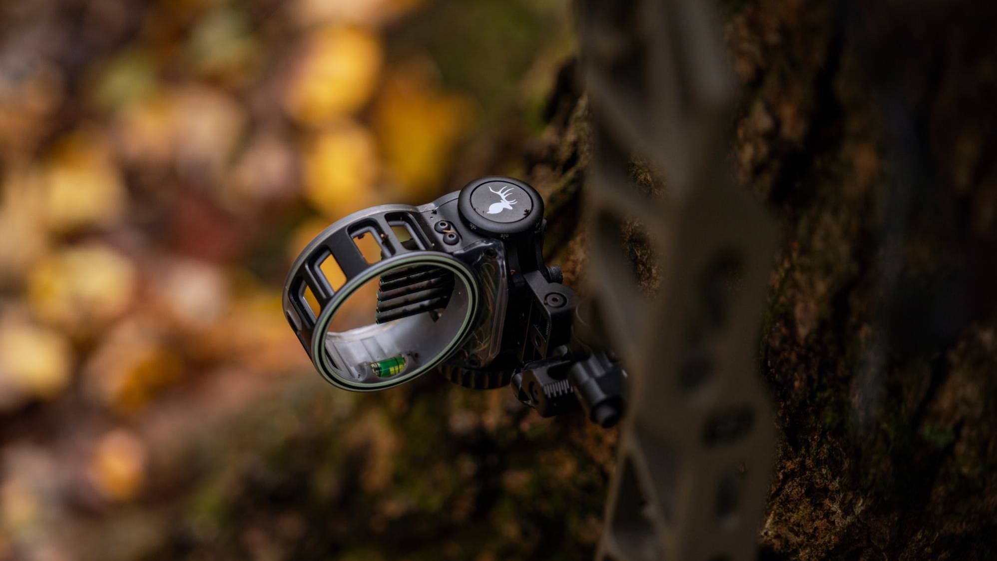 The React 7 Max bow sight from Trophy Ridge on a compound bow.