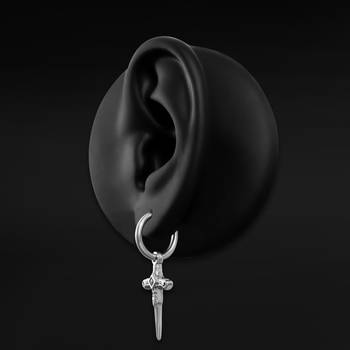 Stainless Steel Silver Huggie Hoop Earrings With Black Gem Sword Dangle (Pair)