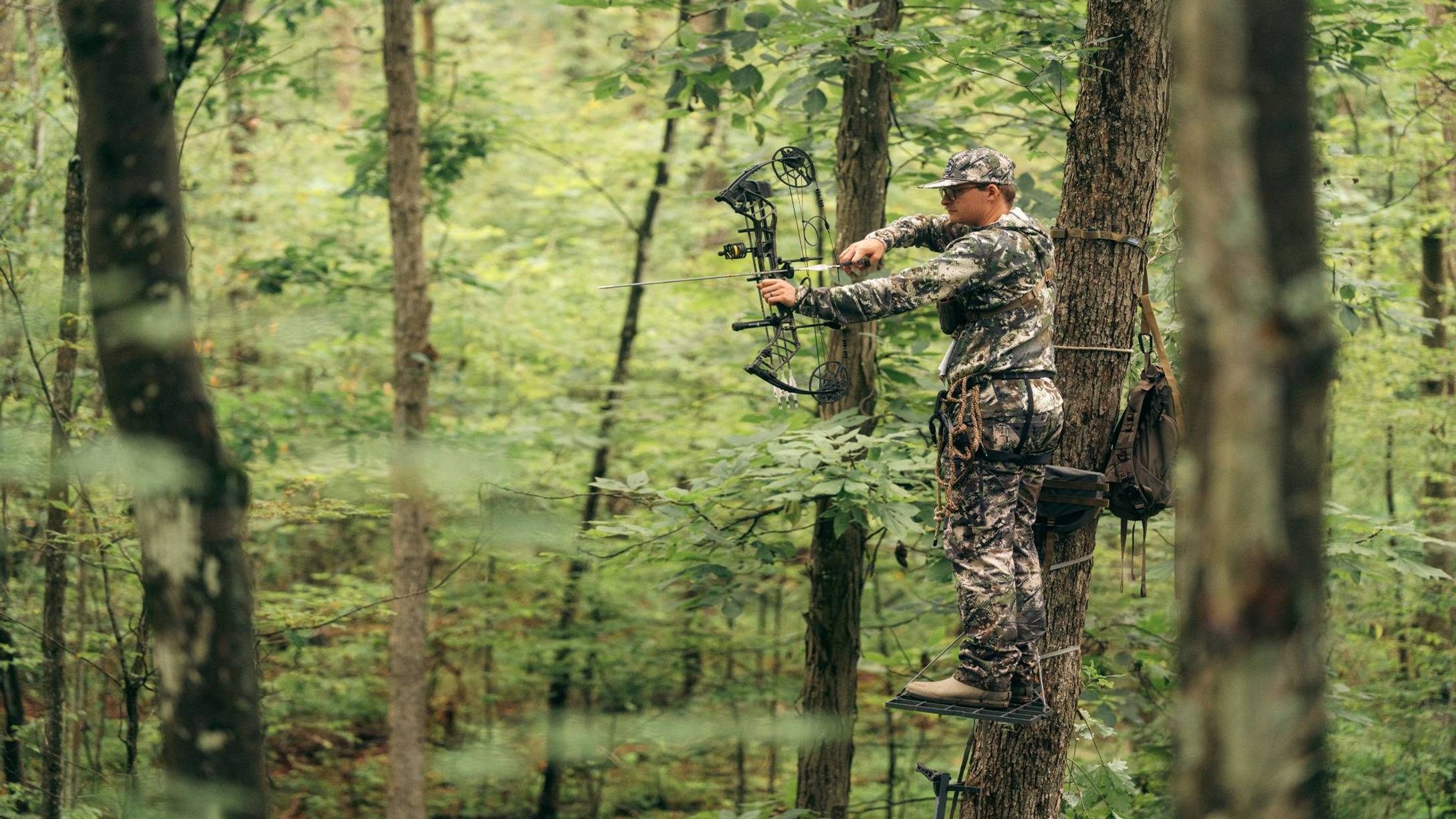 Man in a tree stand drawing the Legit NXT compound bow from Bear Archery