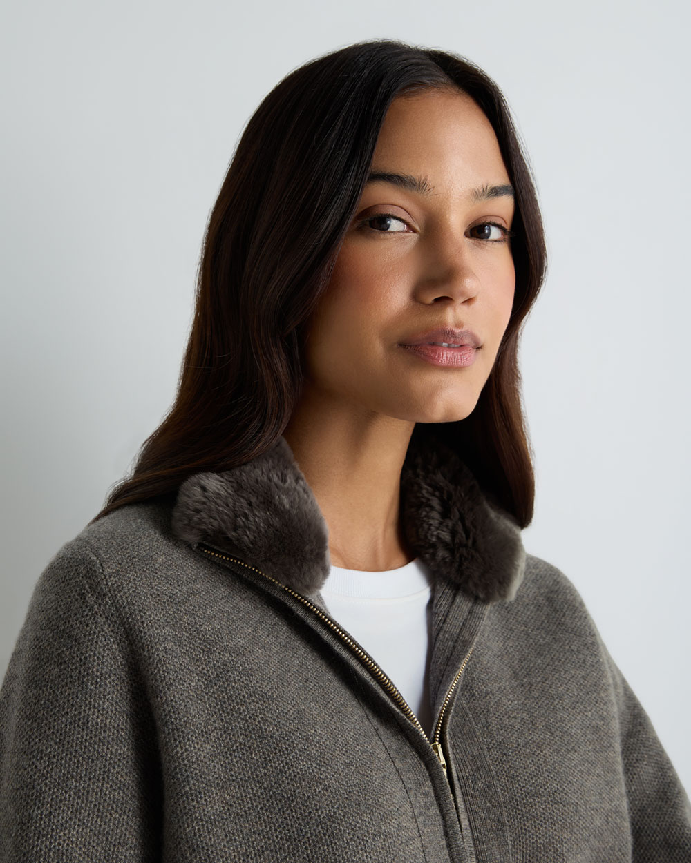 Women's Honeycomb Full Zip Cashmere Sweater With Fur Trim Wood