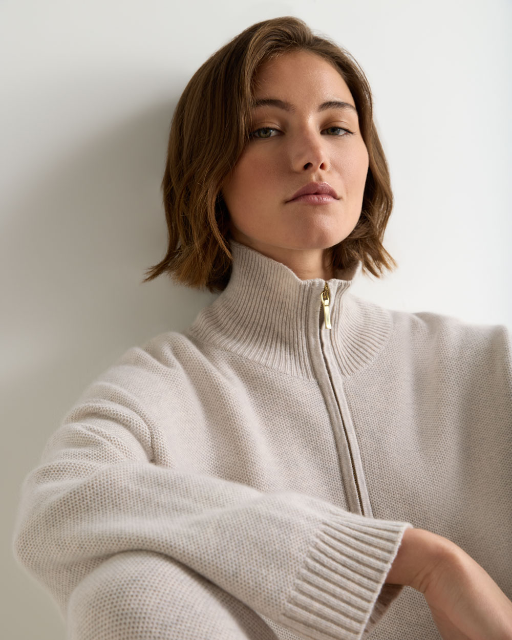 Women's Honeycomb Quarter-Zip Cashmere Jumper Pebble Grey | N.Peal