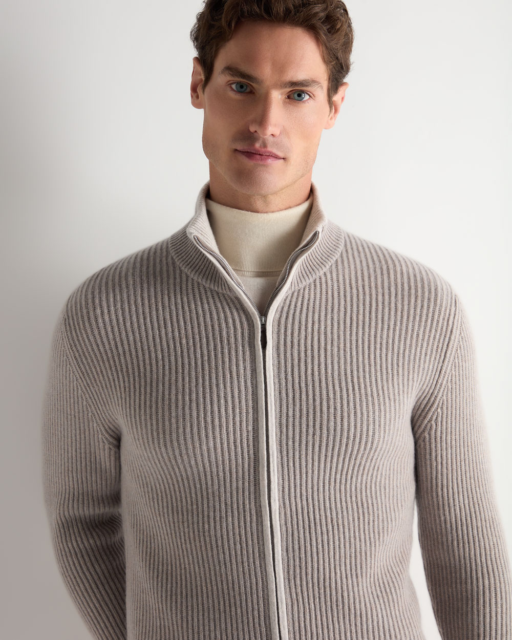 Men's Lambeth Rib Full Zip Cashmere Cardigan Oat Grey | N.Peal