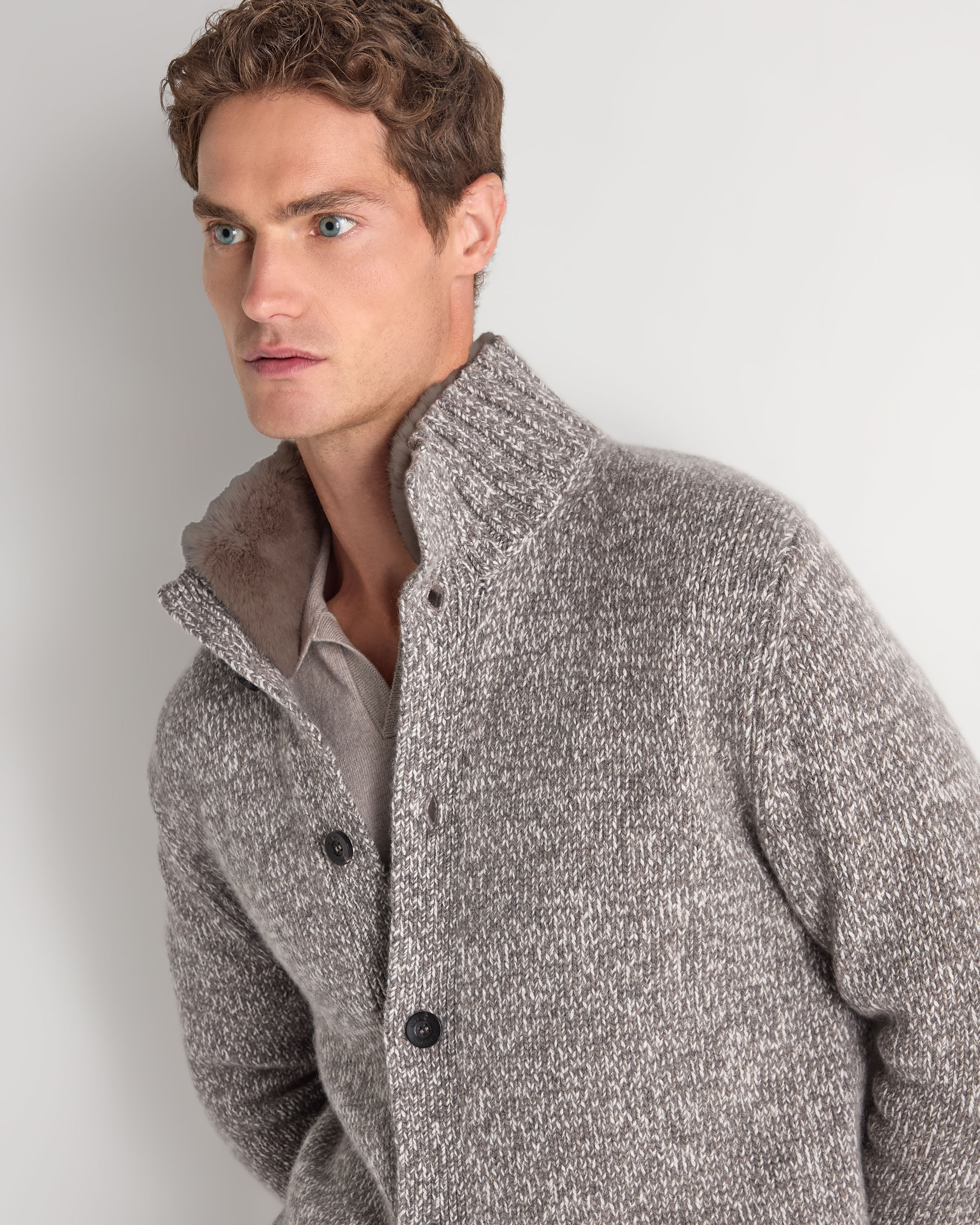 Men's Button Through Cashmere Cardigan With Fur Trim Soft Truffle