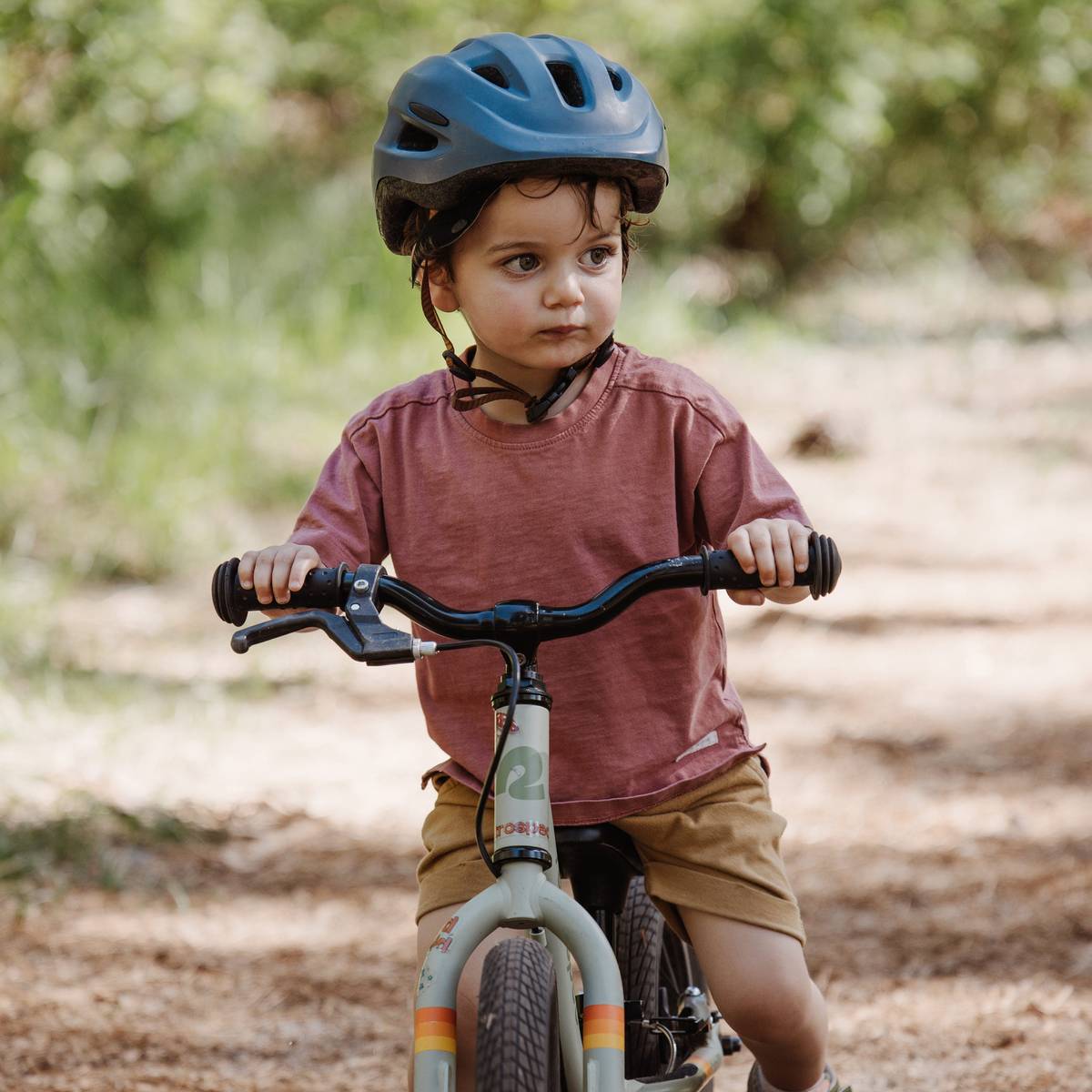 A young child wearing a blue helmet rides a small bike along a dirt path in a lush green environment.