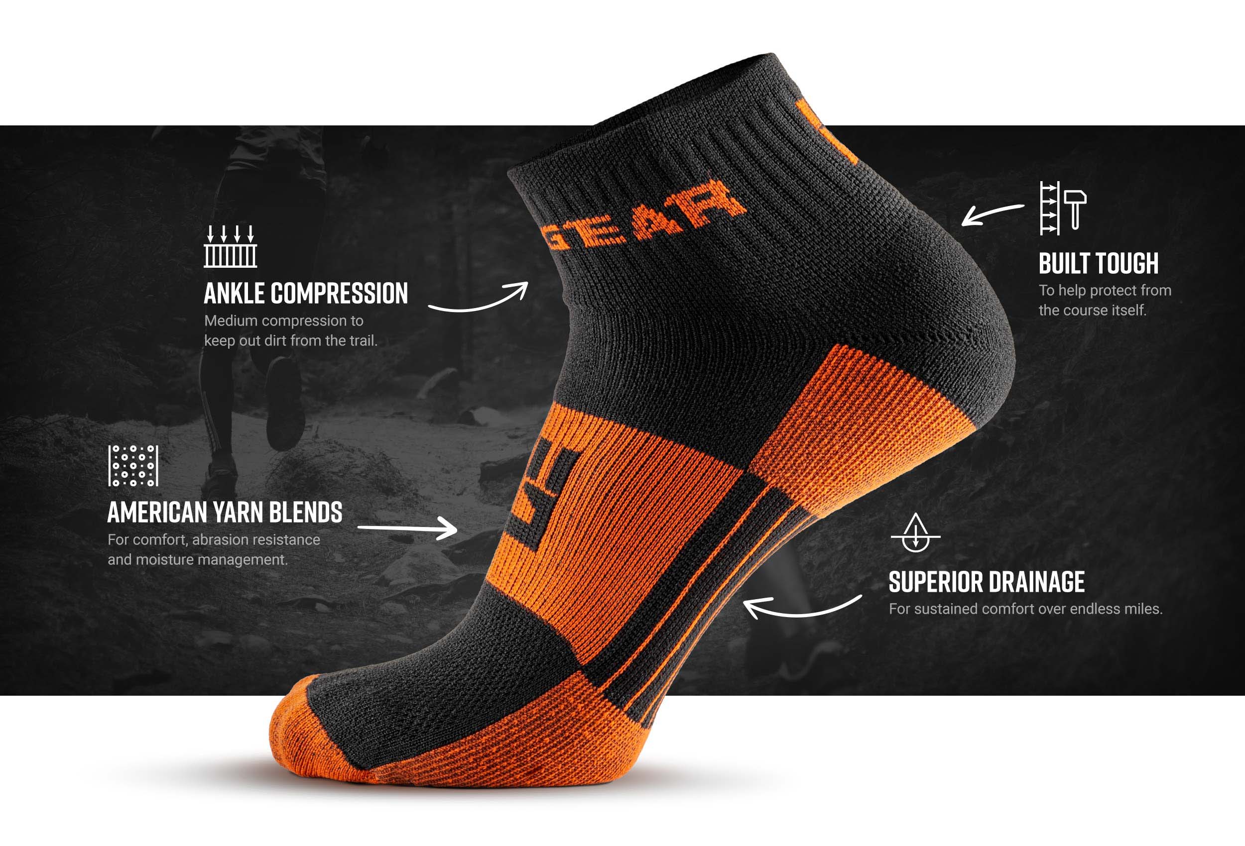 Infographic of MudGear Quarter (¼) Crew Socks - Black/Orange (2 pair pack)