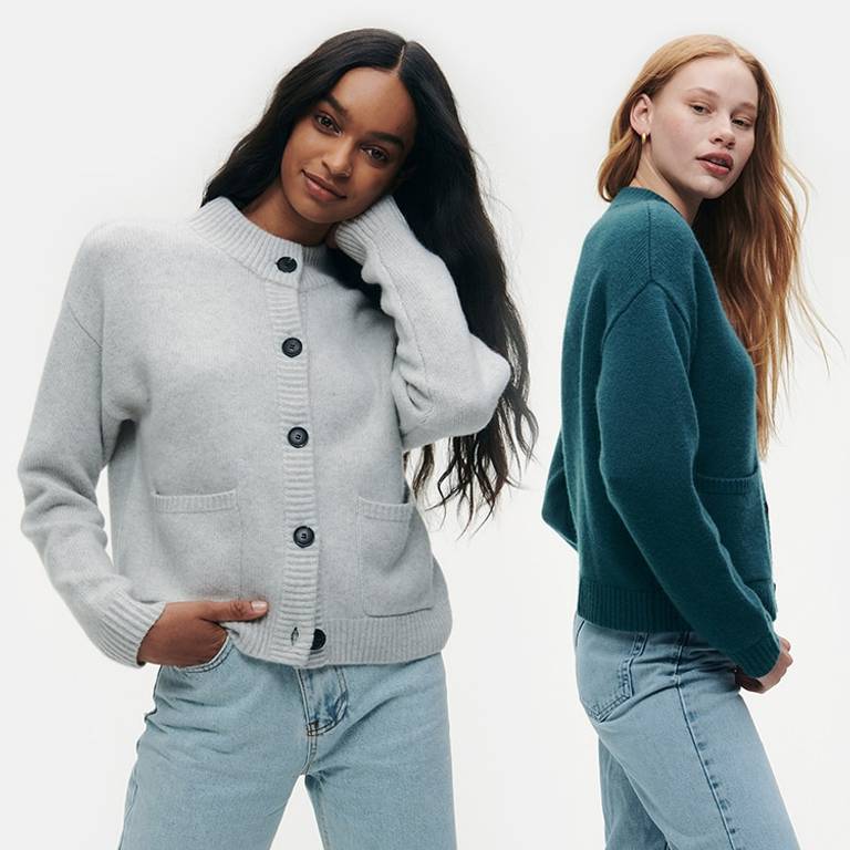 Models wearing the Cashmere High Neck Chunky Cardigan
