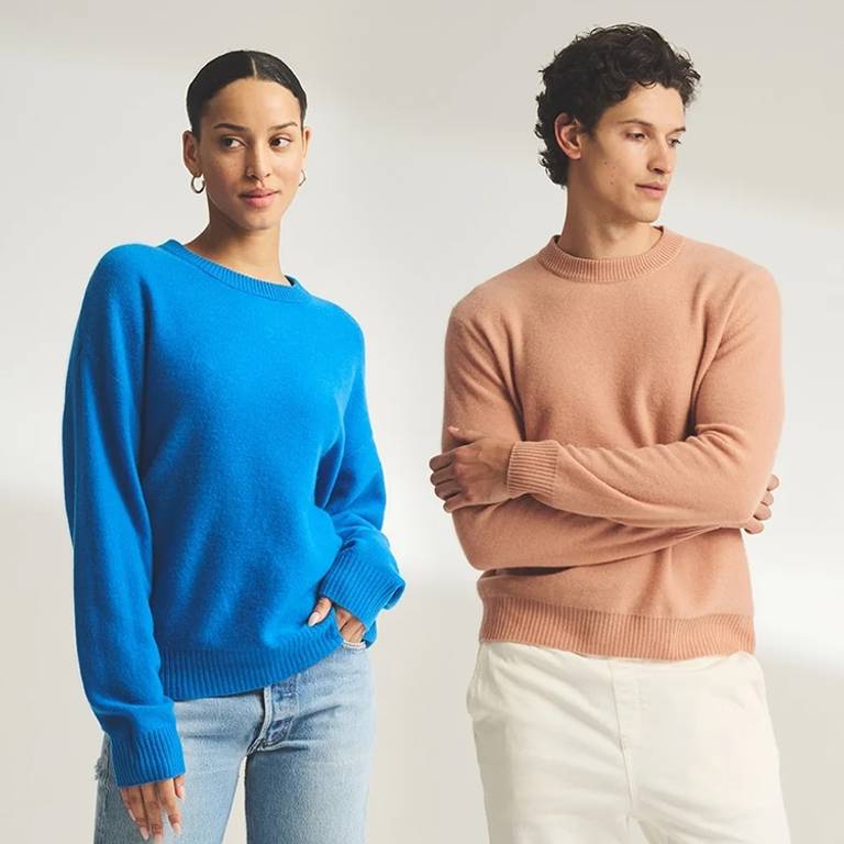 Models wearing the Reversible Cashmere Crewneck Sweaters