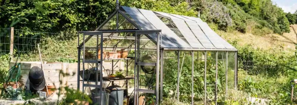 Rhino greenhouse with roof blinds down