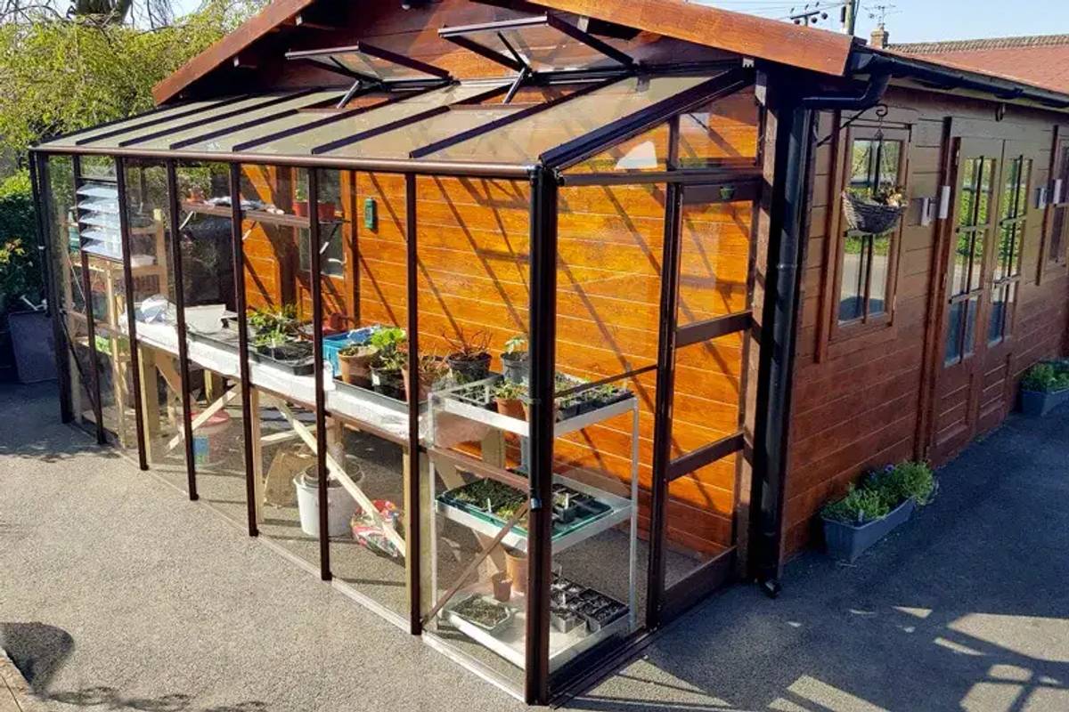 Elite Kensington lean to greenhouse backing onto shed