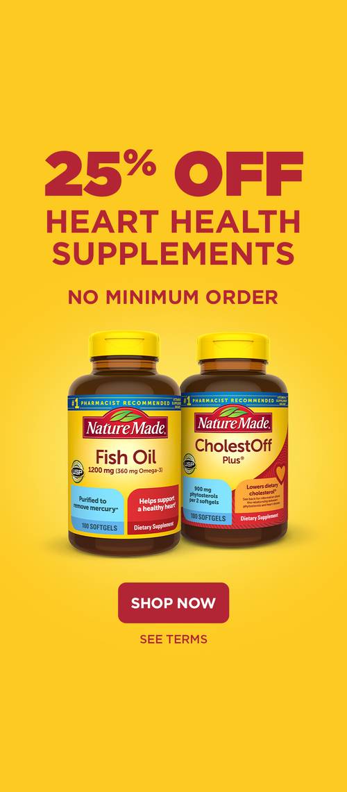 25% off Heart health supplements sale graphic on yellow background with shop now CTA.