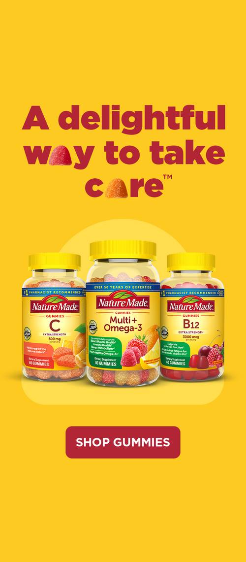 Nature Made C, Multi + Omega 3, B12 gummies displayed with “A delightful way to take care” message and red shop now button.