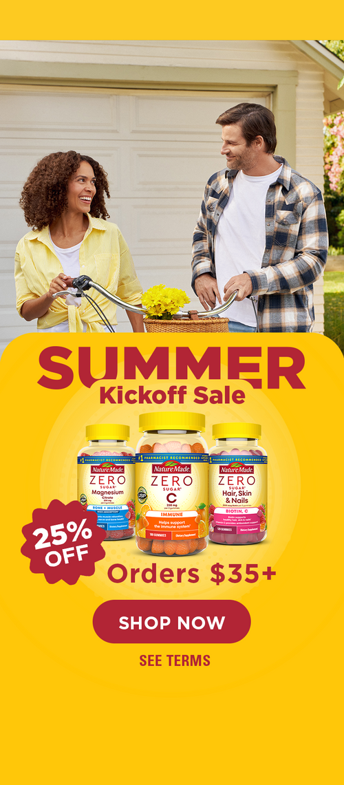 Nature Made Summer Kick Off Sale 25% off $35+ banner with red shop now button, supplements and people walking with bicycle.
