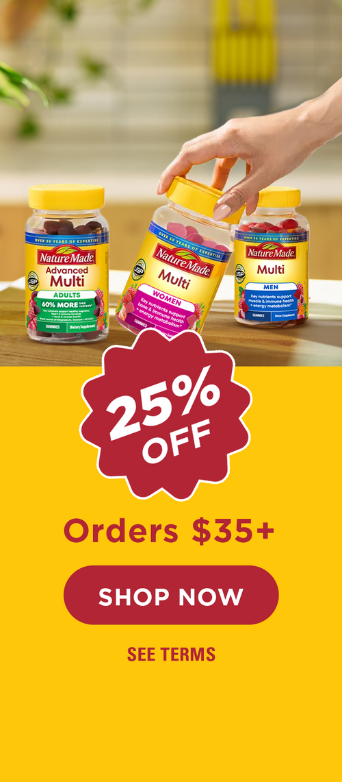 Nature Made multivitamin gummies bottles with 25% off $35+ promotion and shop now button on yellow background.