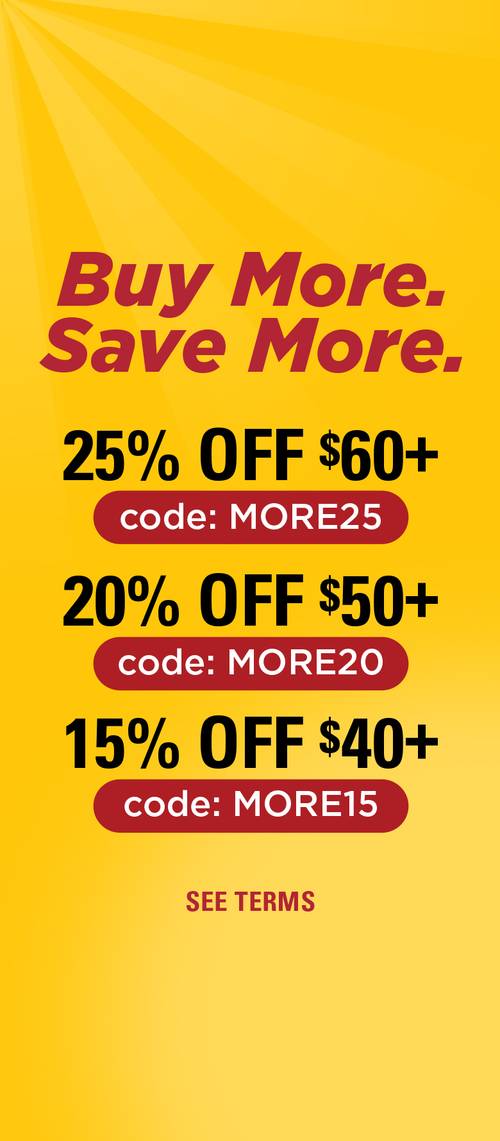 Buy More Save More sale with tiered discounts and promo codes MORE25, MORE20, MORE15.
