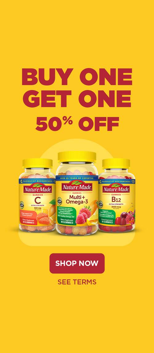 Nature Made C, Multi + Omega 3 & B12 gummies on a yellow background with buy one get one 50% off messaging.