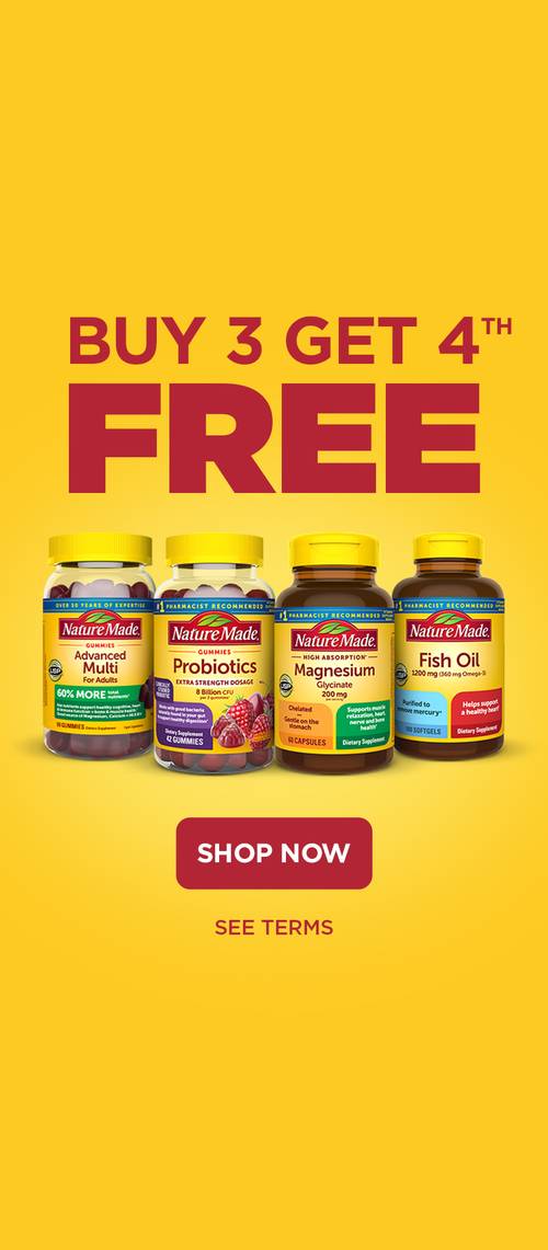 Nature Made vitamins and supplements with Buy 3 Get 4th Free offer on a yellow background, featuring Advanced Multi, Probiotics, Magnesium, and Fish Oil bottles.