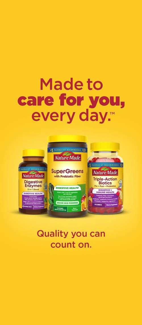 Nature Made supplements including SuperGreens, Digestive Enzymes, and Triple‑Action probiotics with 'Made to care for you, every day' copy on a yellow background.