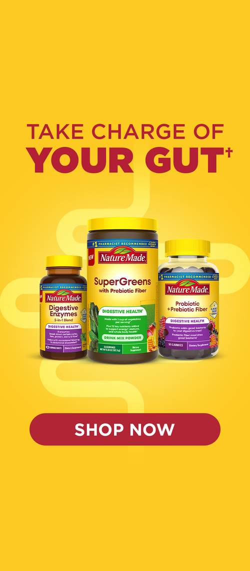 Nature Made digestive health supplements with “Take charge of your gut” banner and shop now CTA