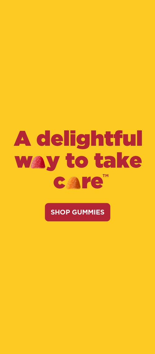 “A delightful way to take care” message and Shop Gummies button on a yellow background.