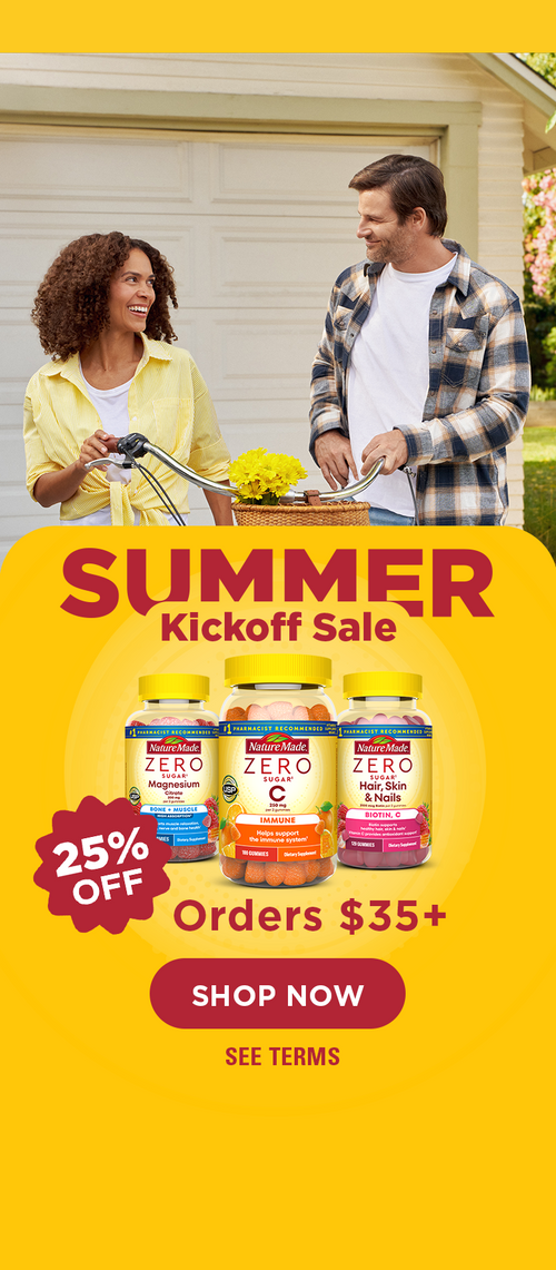 Nature Made Summer Kickoff Sale banner with 25% off, $35+ orders, gummies bottles, bicycle scene and red shop now button.