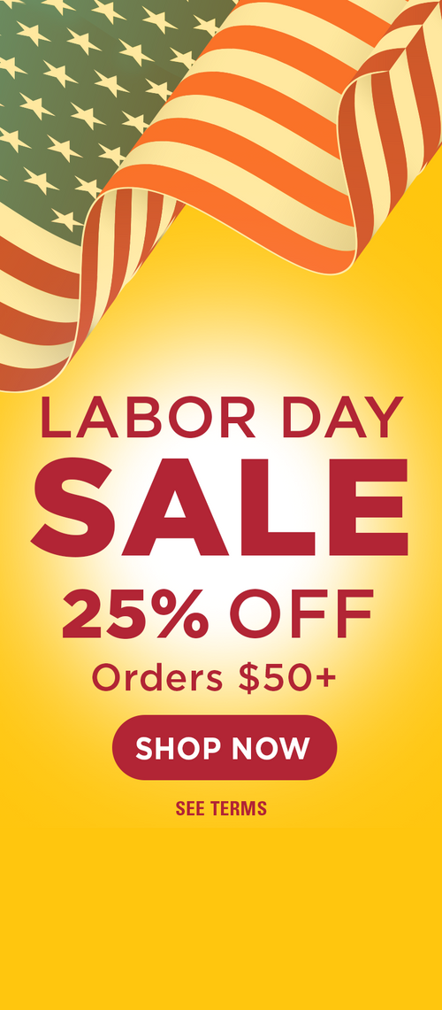 American flag, Labor Day Sale headline, 25% off orders $50+ offer, Shop Now button, and see terms on a yellow background.