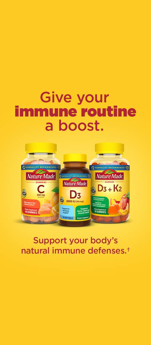Nature Made Vitamin C gummies, D3 softgels & D3 + K2 gummies on a yellow background with red text that reads 
