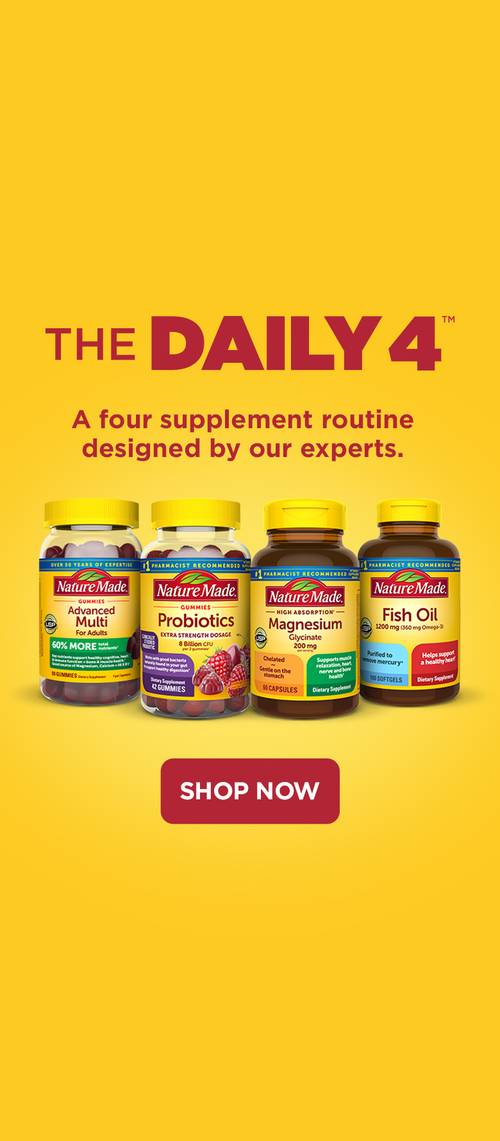 Nature Made Daily 4 supplement routine featuring Advanced Multi, Probiotics, Magnesium, and Fish Oil bottles with text promoting a four-supplement plan and a red shop now button.