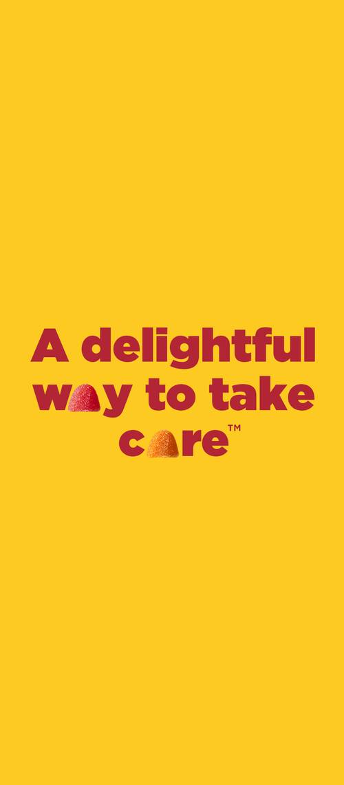 “A delightful way to take care” message on a yellow background.