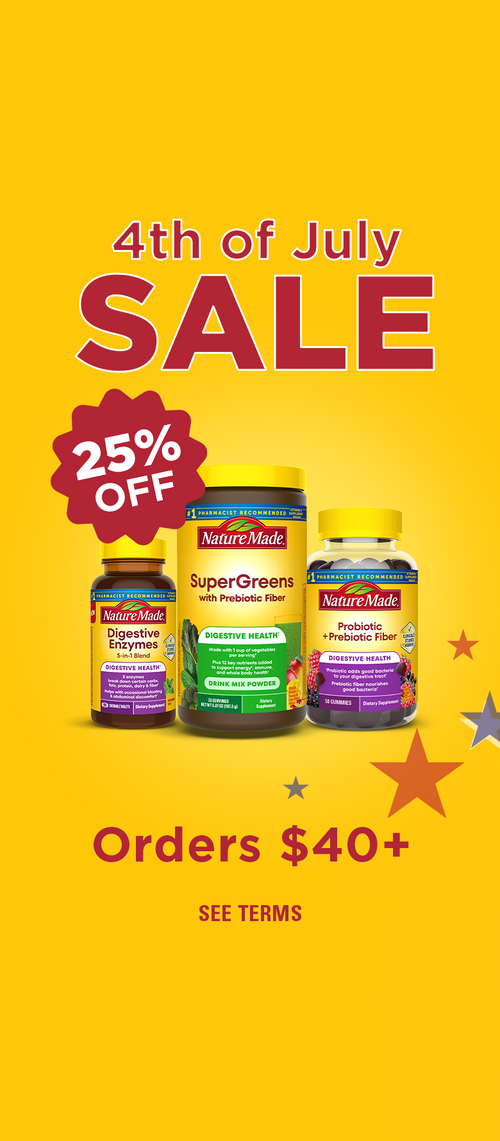 Nature Made supplements, 25% off $40+ 4th of July promotion on a yellow background