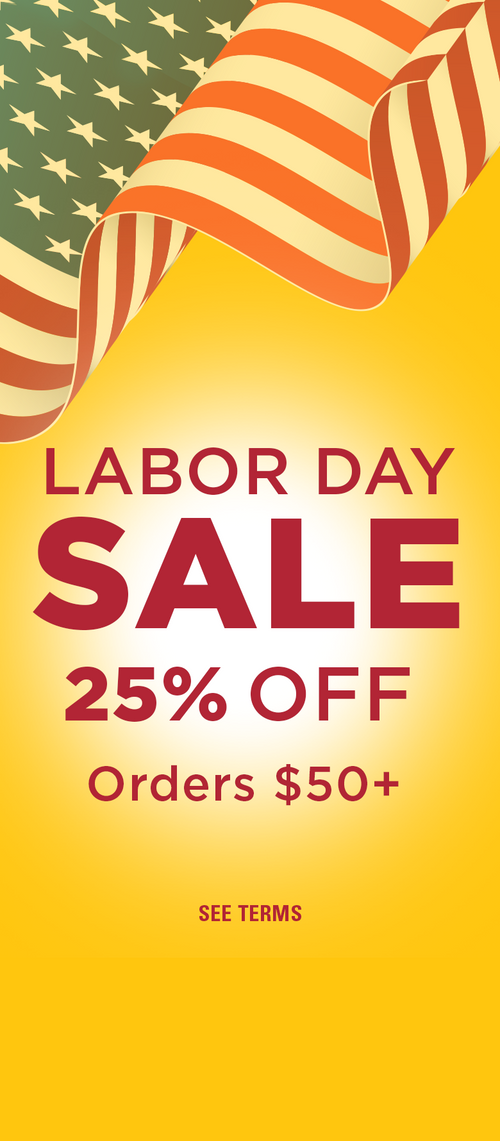 American flag, Labor Day Sale headline, 25% off orders $50+ offer, Shop Now button, and see terms on a yellow background.