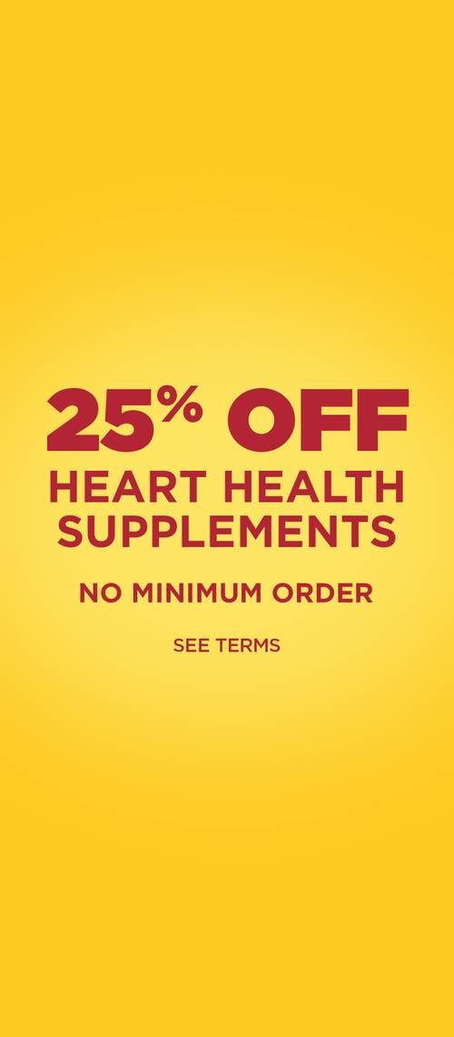 25% off heart health supplements sale graphic with no minimum order and see terms copy on yellow background.