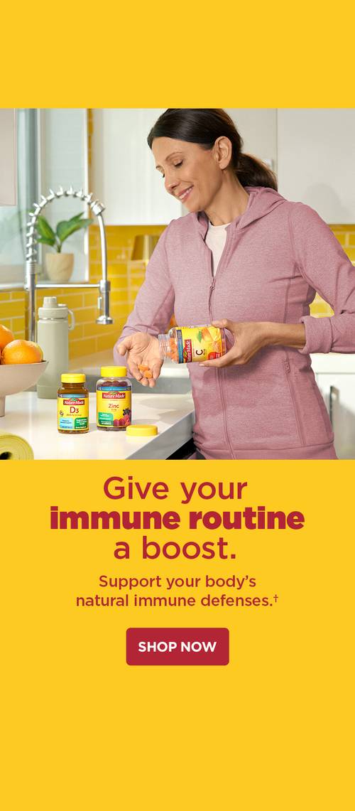 Give your immune routine a boost. Support your body’s natural immune defenses. Red shop now button.