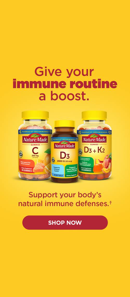 Nature Made Vitamin C gummies, D3 softgels & D3 + K2 gummies on a yellow background with red text that reads 