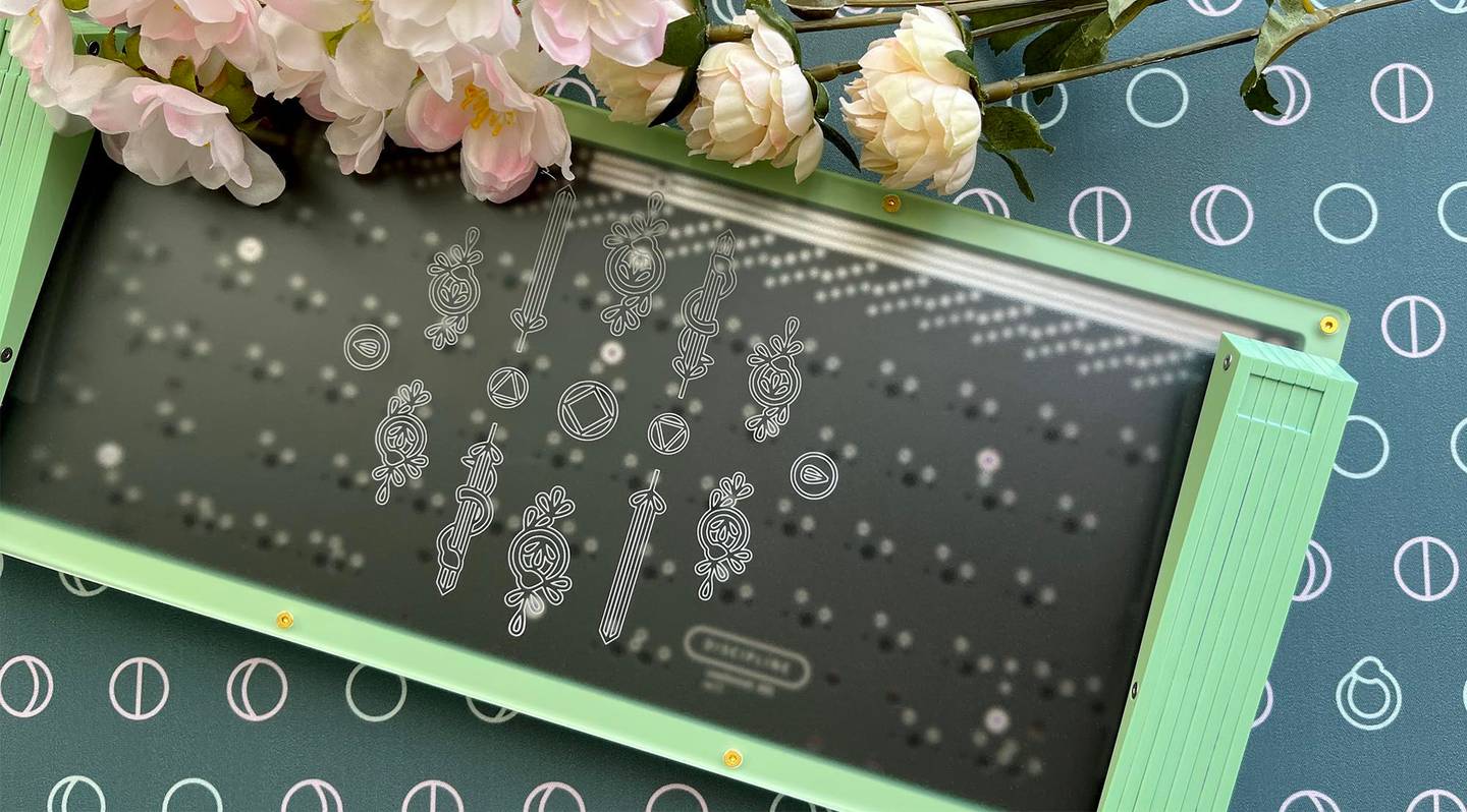 Witch Girl themed keyboard case by Switch Couture bottom on top of thyme moon phases matching Deskmat.