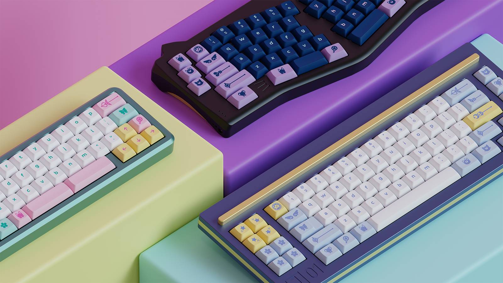 DSA Magic Girl keycaps by Mintlodica in three (3) generations of colors: Classic pink mint yellow, Dark purple navy, and Millennium blue yellow on various Mechanical Keyboards. Presented on colorful blocks befitting the cute shoujo manga anime aesthetic.

