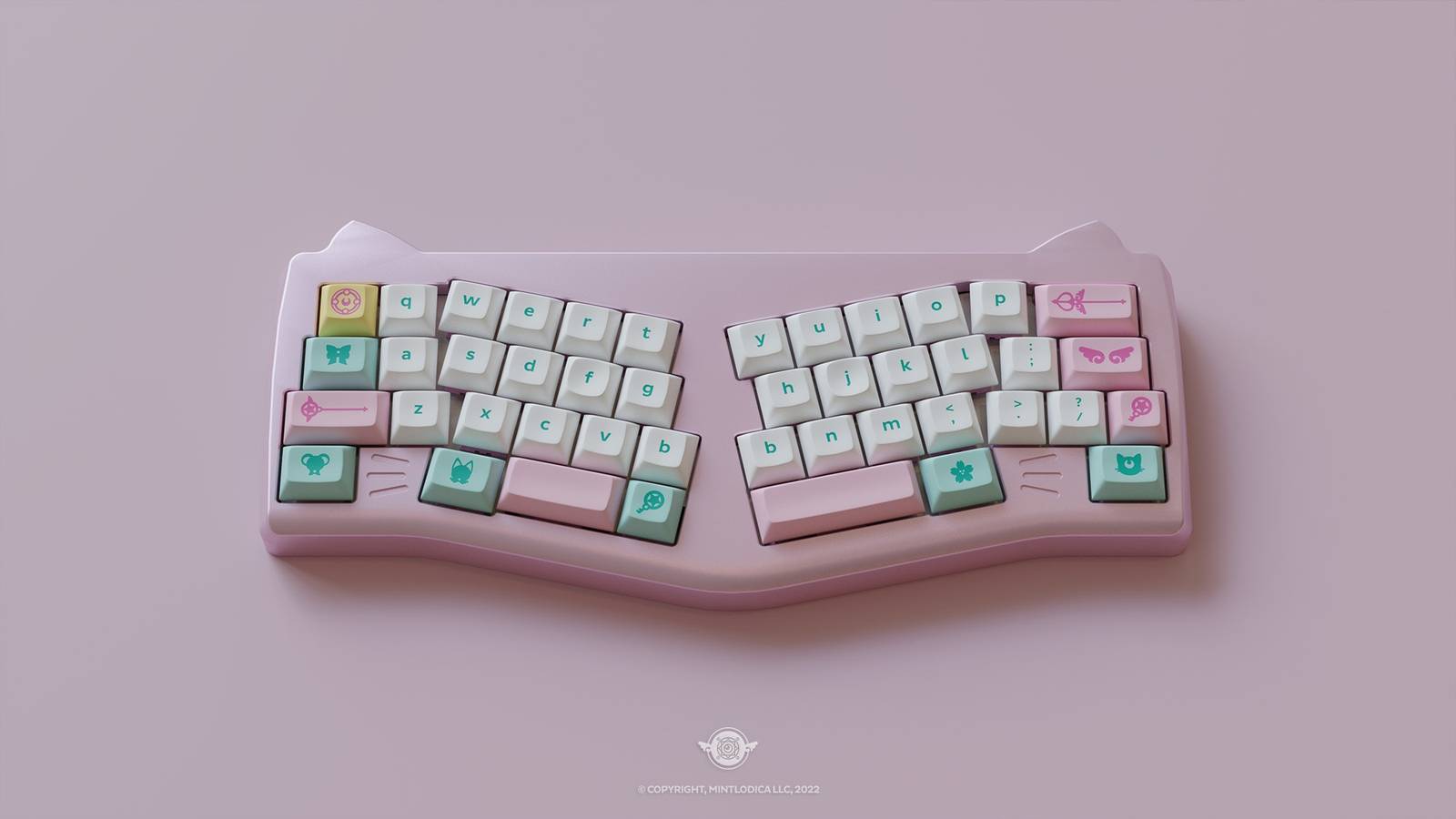 DSA Magic Girl keycaps by Mintlodica in Classic (White, Mint, Pink, Yellow) on a cute anime cat shaped Mechanical Keyboard designed by Hali KB.

