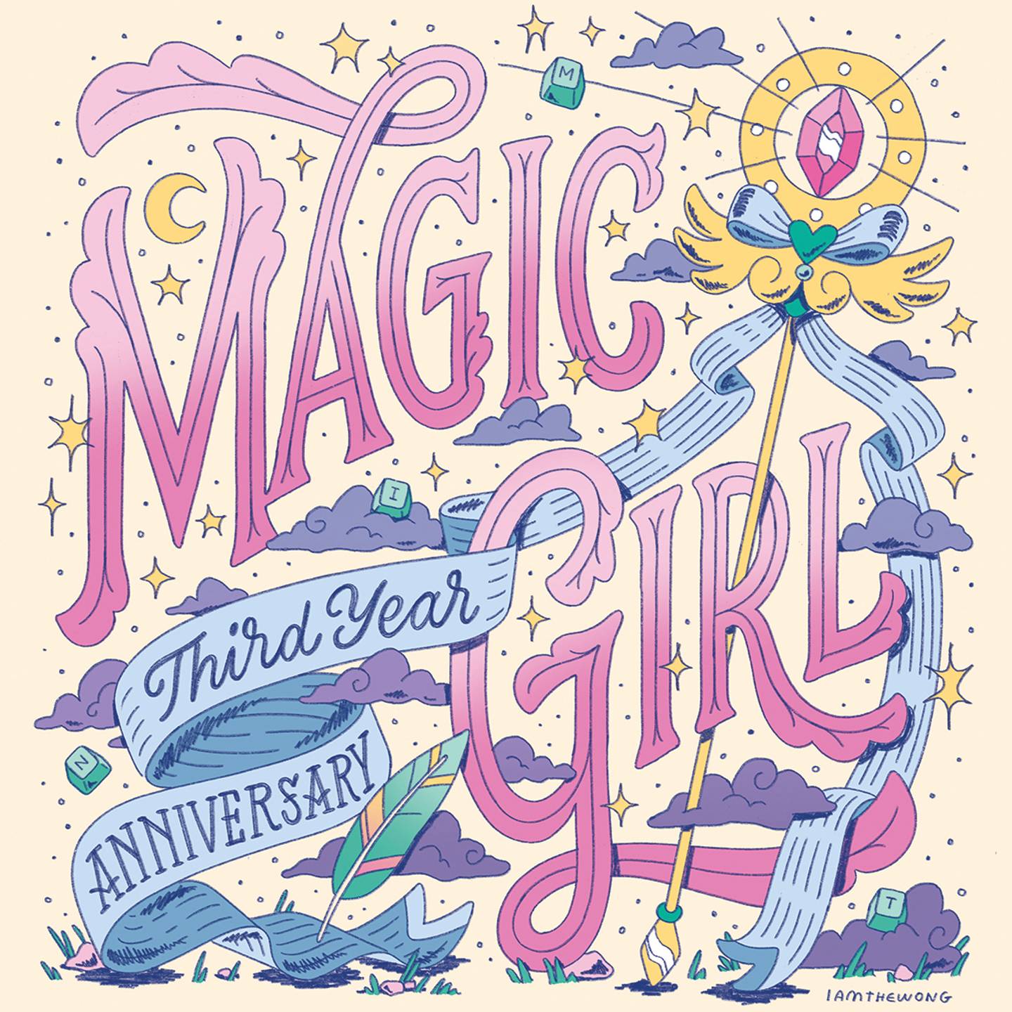 Magic Girl by Mintlodica lettering artwork by illustrator Matthew Wong celebration the third anniversary collectibles including boxes, postcards, and stickers. Featuing cute ribbons, wings, magic staff, moons, stars, and a feather.