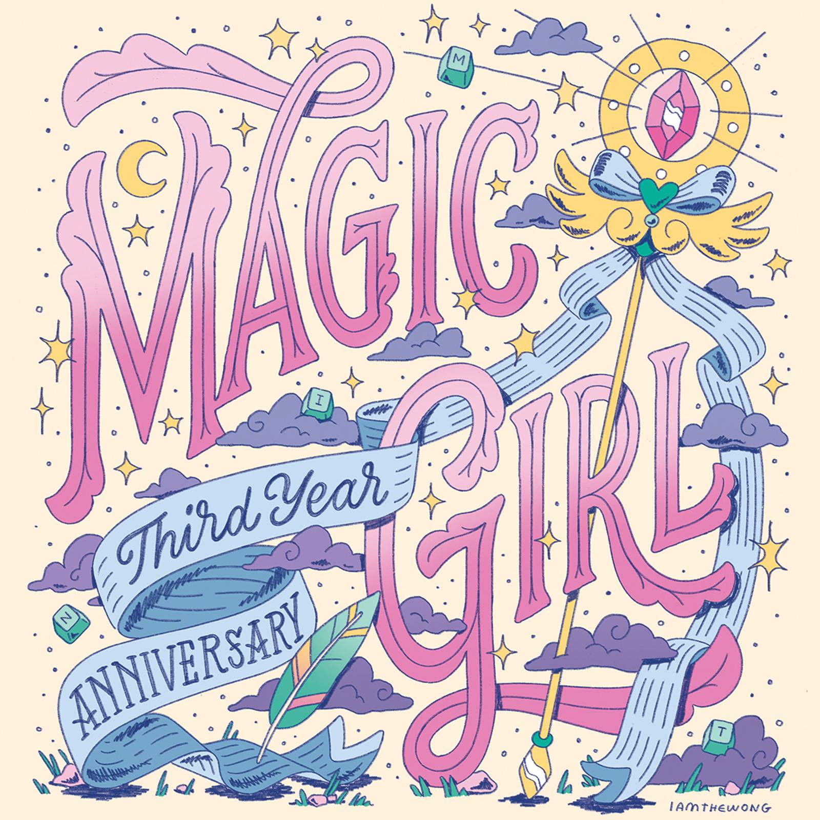 Magic Girl by Mintlodica lettering artwork by illustrator Matthew Wong celebration the third anniversary collectibles including boxes, postcards, and stickers. Featuing cute ribbons, wings, magic staff, moons, stars, and a feather.

