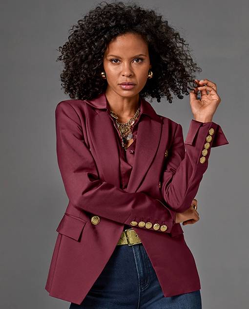 models wearing burgundy blazer