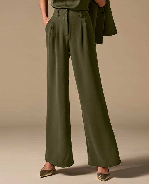 model wears olive green pants