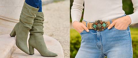 left model wearing tan slouchy suede heeled booties. right model wearing a turquoise stone embellished belt and jeans.