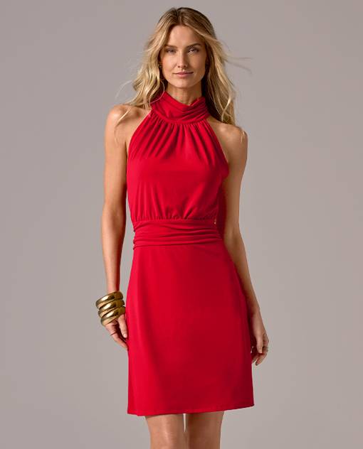 Models wearing a red dress.