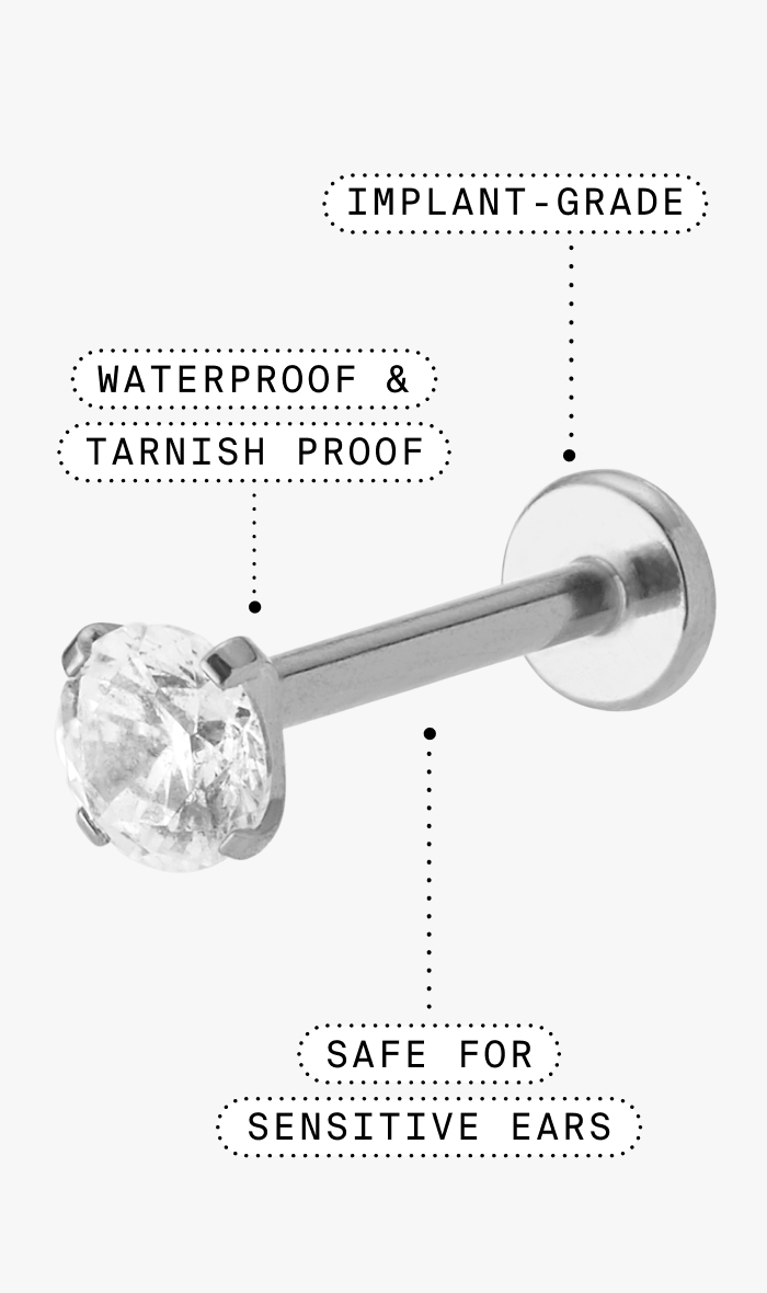 Titanium flatback diagram. Implant-grade. Waterproof and tarnish-proof. Safe for sensitive ears.