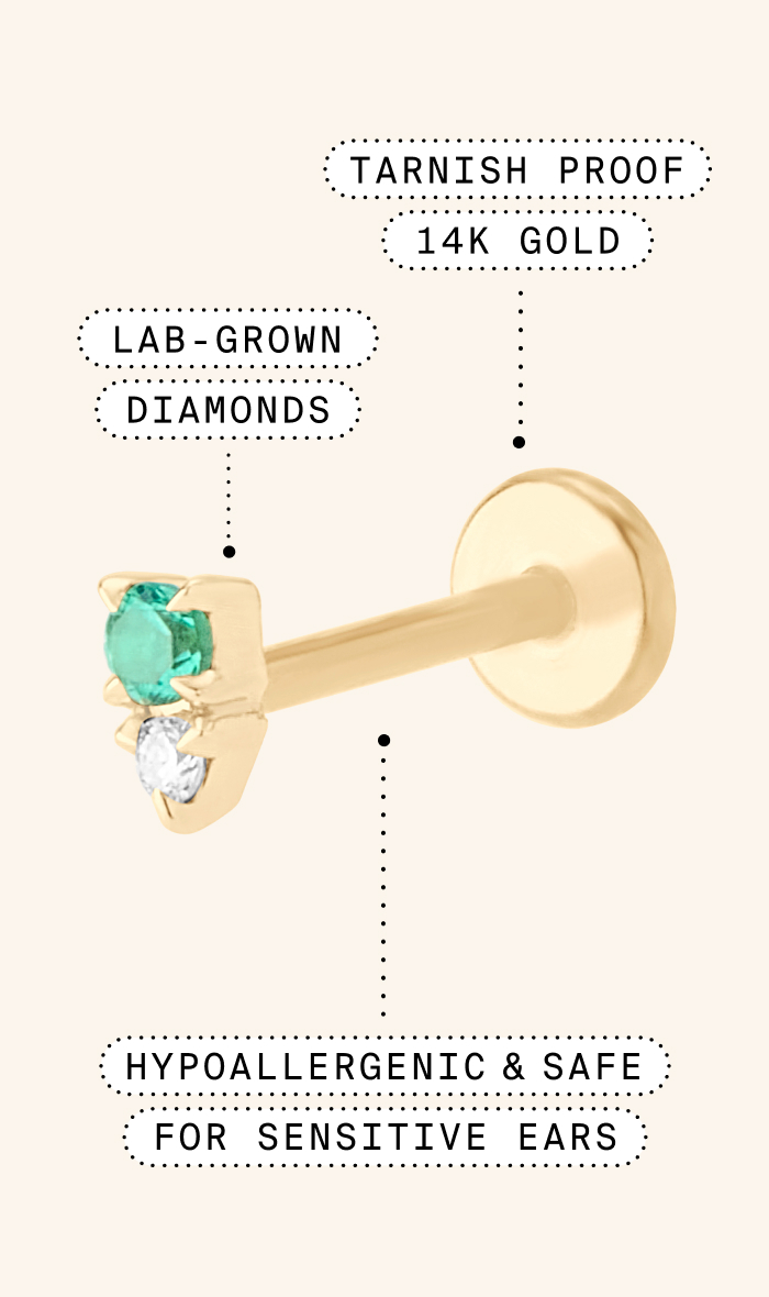 Studs flatback with lab-grown diamonds. Tarnish proof, 14k gold. Hypoallergenic and safe for sensitive ears